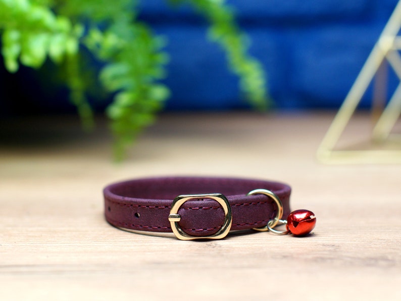 Personalized Cat Collar with Name Tag, Leather Cat Collar with Bell, Engraved Adjustable Cat Collars, Kitten Collar, Custom Cat Collar Soft Marsala