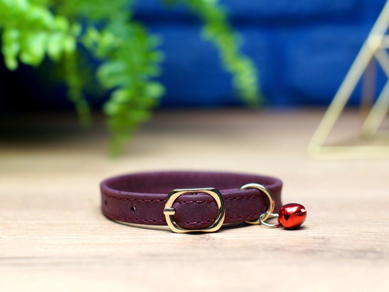 K&ouml;nnte beinhalten: Ein burgunderfarbenes Lederhalsband f&uuml;r Katzen mit einer goldenen Schnalle und einem roten Gl&ouml;ckchen-Anh&auml;nger.