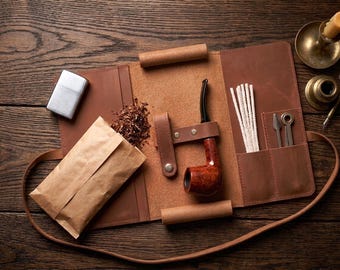 Personalized Leather Pipe Bag, Custom Smoking Organizer, Tobacco Roll Pouch, Gift for Dad, Leather Travel Pipe Case, Smokers Set