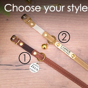 May include: Two cat collars with personalized tags. The first collar is brown leather with a gold tag that says "ZEUS". The second collar is beige with a gold tag that says "COPPER 321-654-8412".