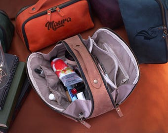 Leather Dopp Kit for Women, Travel Toiletry Pouch with Zipper & Lining, Monogrammed Gift for Her, Personalized Cosmetic Makeup Bag