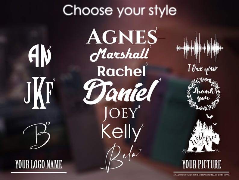 May include: A graphic showing 10 different logo styles for a business. The styles include a monogram, a handwritten name, a name in all caps, a sound wave, a wreath, a bear and trees, and a handwritten name with a flourish. The text "Choose your style" is at the top of the graphic.