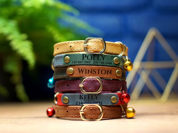Personalized Cat Collar with Name Tag, Leather Cat Collar with Bell, Engraved Adjustable Cat Collars, Kitten Collar, Custom Cat Collar Soft