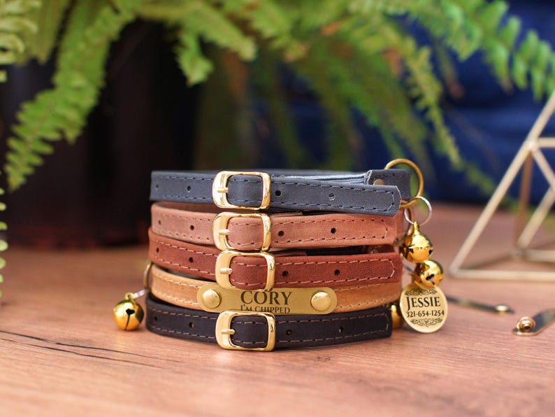 May include: Five leather cat collars in different colors, stacked on top of each other. The top collar is navy blue, the next is light brown, then dark brown, then light beige, and the bottom collar is black. The beige collar has a gold name tag that reads "Cory I'm chipped". A gold bell charm with a gold tag that reads "Jessie 121-654-1254" is attached to the bottom collar.