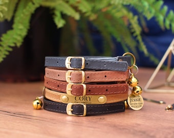 Leather Cat Collar with Name ID Tag, Custom Cat Collars, Personalized Pet Collar Safety, Soft Cat Collar Brown Blue, Cute Kitten Collar