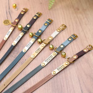May include: Seven colorful cat collars with personalized name tags and bells. The collars are in shades of brown, blue, and beige.