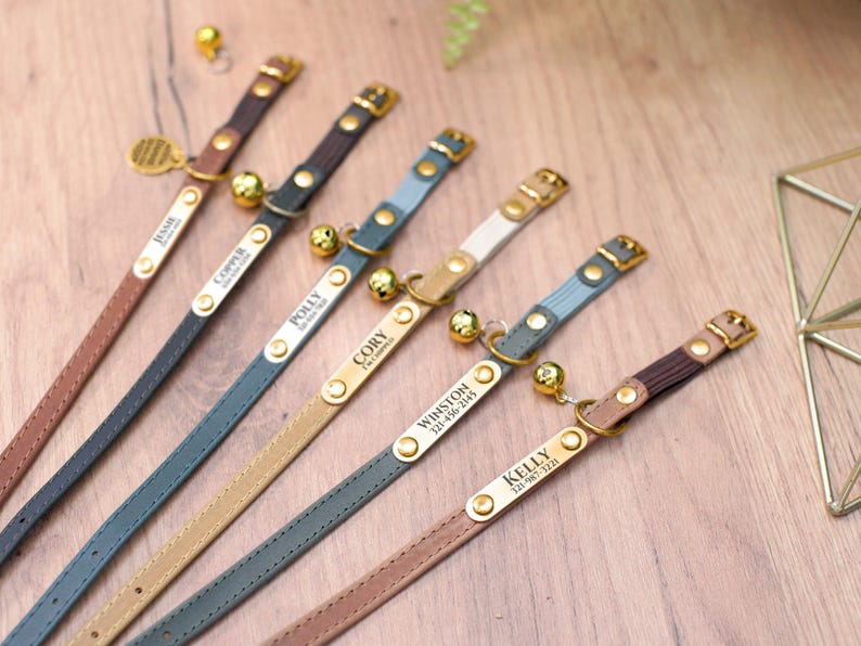 May include: Seven colorful cat collars with personalized name tags and bells. The collars are in shades of brown, blue, and beige.