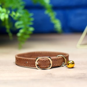 Personalized Cat Collar with Name Tag, Leather Cat Collar with Bell, Engraved Adjustable Cat Collars, Kitten Collar, Custom Cat Collar Soft Brown