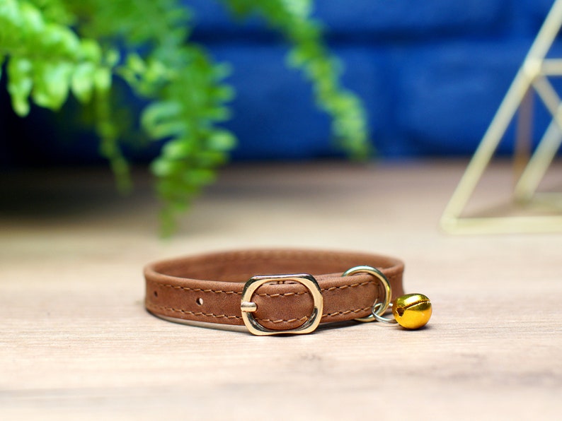 Personalized Cat Collar with Name Tag, Leather Cat Collar with Bell, Engraved Adjustable Cat Collars, Kitten Collar, Custom Cat Collar Soft Brown