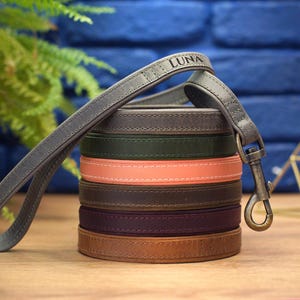 Puede incluir: Una pila de seis correas de cuero para perros en varios colores, incluyendo marr&oacute;n, gris, verde y rosa. La correa superior es gris y tiene el nombre "LUNA" grabado en ella. Las correas est&aacute;n todas cosidas con hilo blanco.
