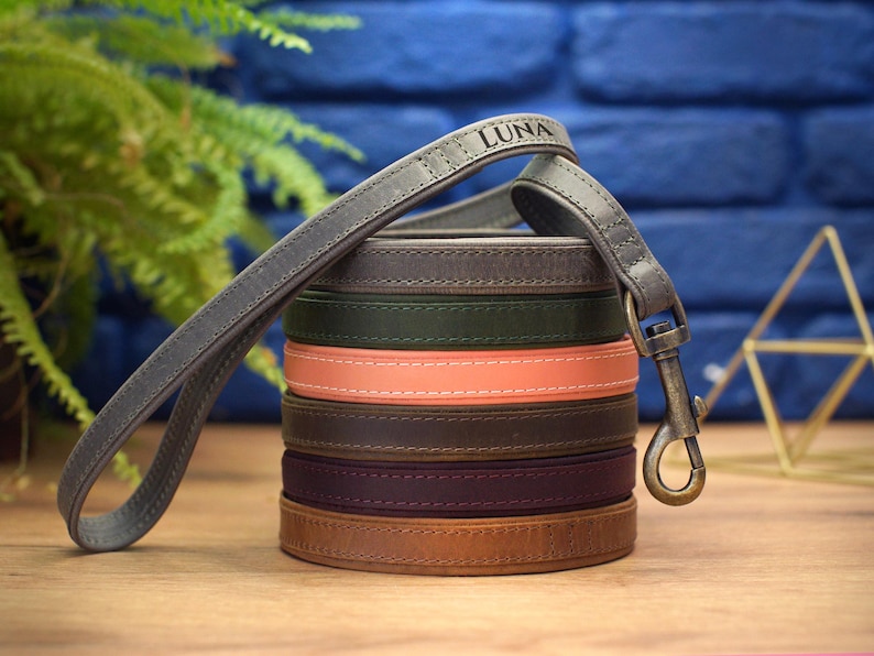 Puede incluir: Una pila de seis correas de cuero para perros en varios colores, incluyendo marr&oacute;n, gris, verde y rosa. La correa superior es gris y tiene el nombre "LUNA" grabado en ella. Las correas est&aacute;n todas cosidas con hilo blanco.