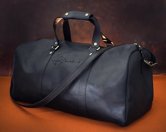 Genuine Leather Travel Bag with Shoe Compartment, Personalized Duffel with Strap, Custom Overnight Bag, Personalized Weekender Bag, Men Gift