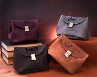 Personalized Leather Cosmetic Bag, Women Gifts, Custom Engraved Makeup Pouch, Gift for Her, Bridesmaid Bags, Makeup Organizer