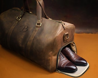 Custom Leather Travel Bag, Engraved Duffel Bag for Men, Personalized Gym Bag with Shoe Pocket,  Luggage Bags, Groomsmen Gift, Overnight Bag