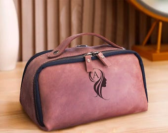 Leather Makeup Bag, Personalized Cosmetic Pouch, Custom Wedding Toiletry Bag, Bridal Gifts, Engraved Women Dopp Kit, Wedding Gifts