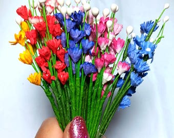One Bunch of 15 Mulberry paper flowers with wire stems - miniature flowers