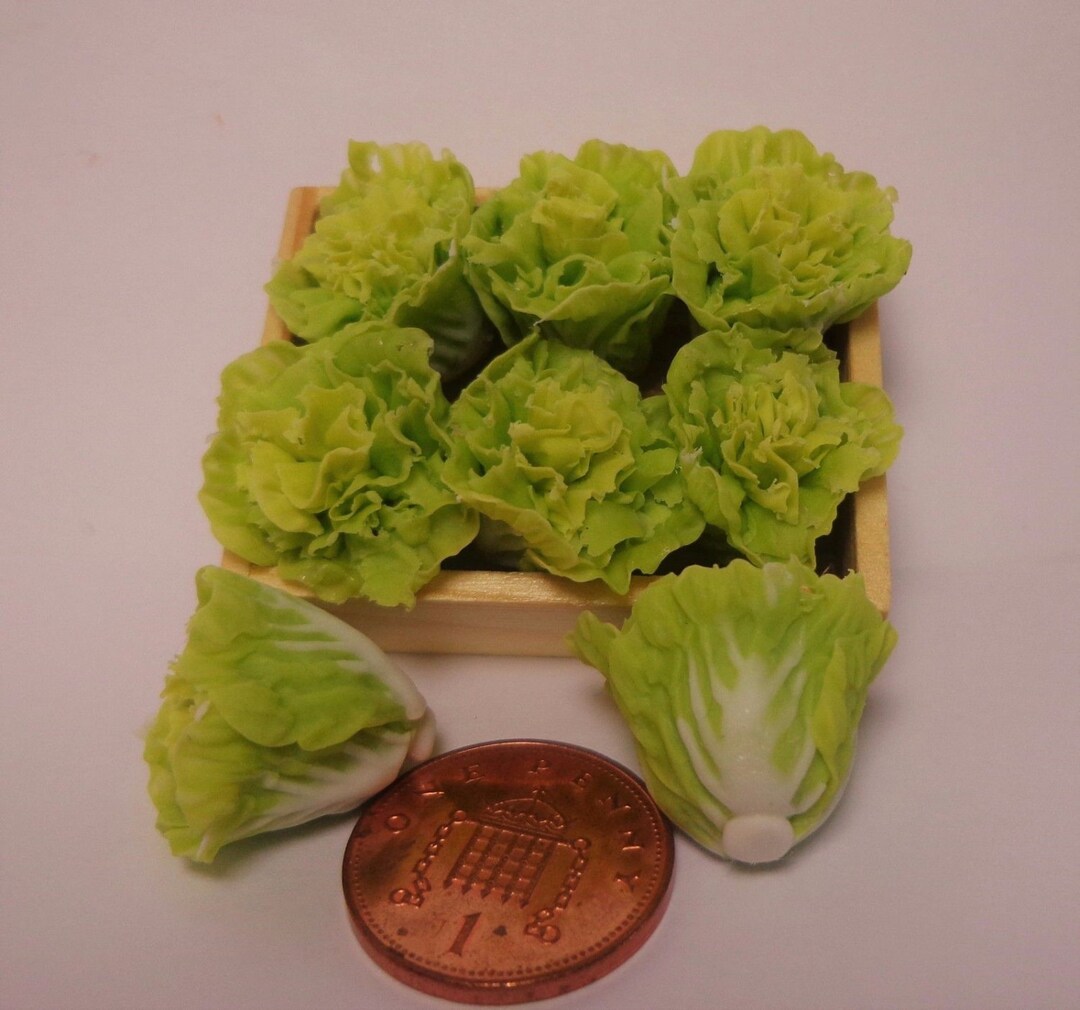 1:12 Scale Handmade 6 X Lettuce in A Wooden Tray Dolls House Miniature ...