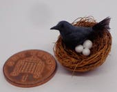 1 12 Scale Black Bird 3 Eggs In a Nest Dolls house miniature animal