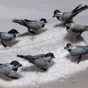 May include: A group of seven miniature bird ornaments. Each bird has a black head, grey and white body, and detailed wings. The birds are positioned on a textured, white surface, creating a delightful avian scene.