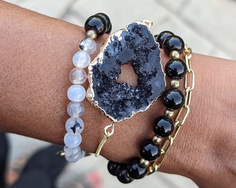 Druzy Agate Stone Adjustable Bracelet - Black & Gold