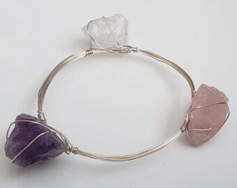 Gold or Silver Wire Bangle - Amethyst & Quartz