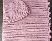Crocheted Pink Baby Hat and Blanket with Pom Pom trim