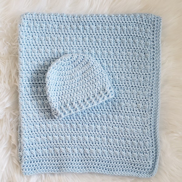 Crocheted Baby Blanket & Hat Set - Baby Blue