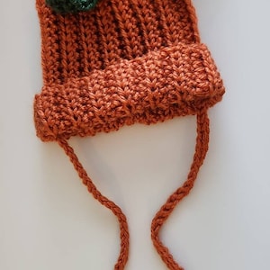 Puede incluir: Un gorro de calabaza de ganchillo hecho a mano en tonos naranja y verde. El gorro presenta un dise&ntilde;o acanalado y un detalle de hoja y tallo verde en la parte superior. Tiene dos lazos naranjas.