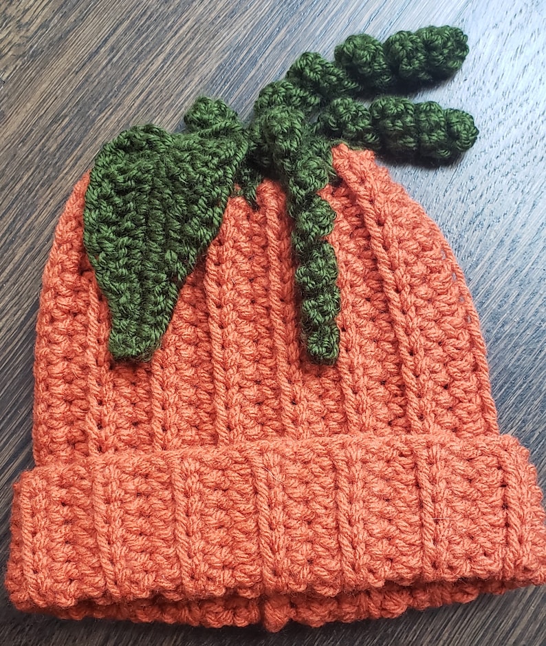 Puede incluir: Un gorro naranja tejido a ganchillo con un dise&ntilde;o de hoja y tallo verdes. El gorro est&aacute; hecho de un hilo texturizado y tiene un borde acanalado. La hoja y el tallo verdes est&aacute;n unidos a la parte superior del gorro.