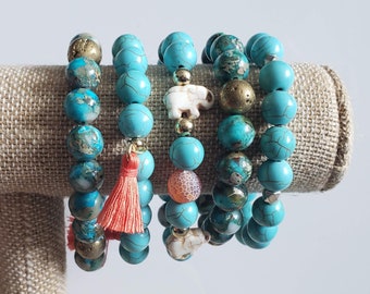 Turquoise Beaded Bracelet: Dyed Jasper, Elephant, or Tassel Options