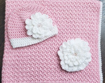 Crocheted Light Pink Baby with White Flower Blanket & Hat set
