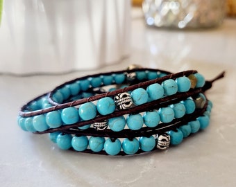 Triple Leather Wrap - Turquoise & Silver