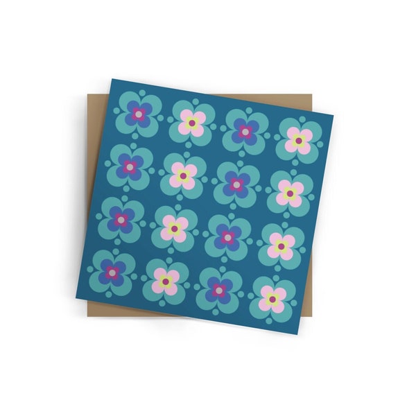 Floral, Mid Century Modern Style Greeting Card. Abstract Geometric Flower Power, Op Pop Art, Retro 6x6"/ 15x15cm Square - Blank Inside.