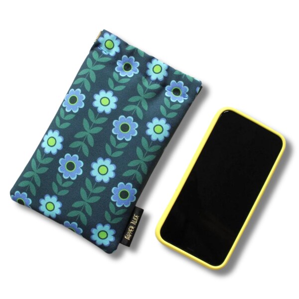 Protective Phone Pouch made with Dapper Alice Exclusive Floral Fabric. Secure Retro Flowers/ Leaf Mobile Case. Large Padded Holder, Wallet.