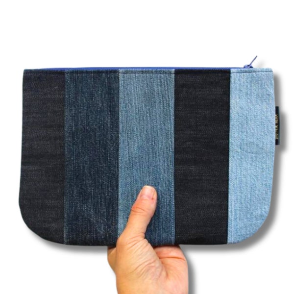 ZERO WASTE Denim Zipper Pouch, Makeup Bag, Pencil Case. Striped Patchwork Zipped Wallet, Accessory Purse. Upcycled Unisex Slow Fashion Gift.