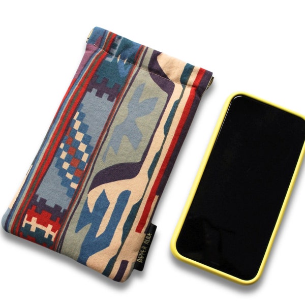 Protective Phone Pouch made with Vintage 80s Liberty 'Zebak' Cotton. Secure Turkish Kilim Aztek Mobile Case. Large Padded Travel Holder
