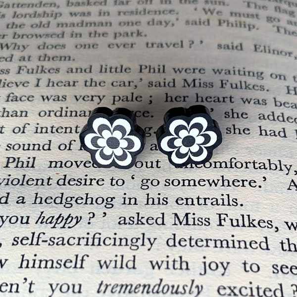 Flower Earrings in 100% Recycled Acrylic. Retro Floral Black + White Daisy Jewellery/ Jewelry. Small, Lightweight Studs. Pretty Gift for Her