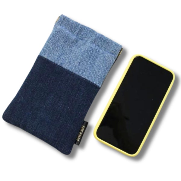 Recycled Denim Patchwork Phone Wallet. Upcycled, Eco Mobile Pouch. Large Padded Holder, Sock. Travel Accessory. Tech Accesory or Gift.