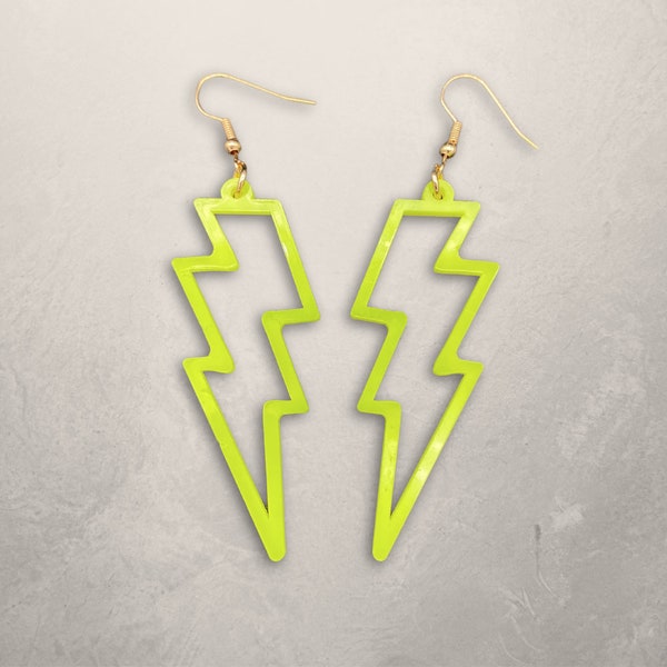 Lightning Bolt Earrings in Neon Yellow. 80s Retro Punk Bowie Jewelry, Large 70s Glam Dangle Earrings, Lightweight Trendy Earrings.