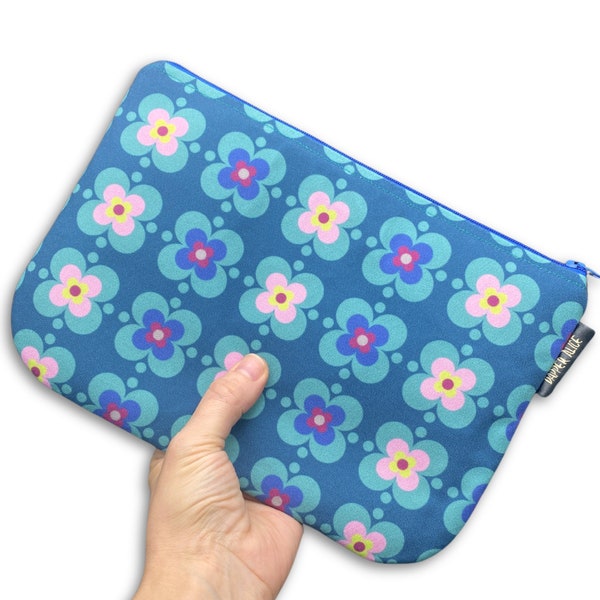 Geometric Floral, Mid Century Style Zipper Pouch, Makeup Bag, Pencil Case. Retro Cosmetic Purse, Zipped Wallet, Clutch. Travel Accessory.