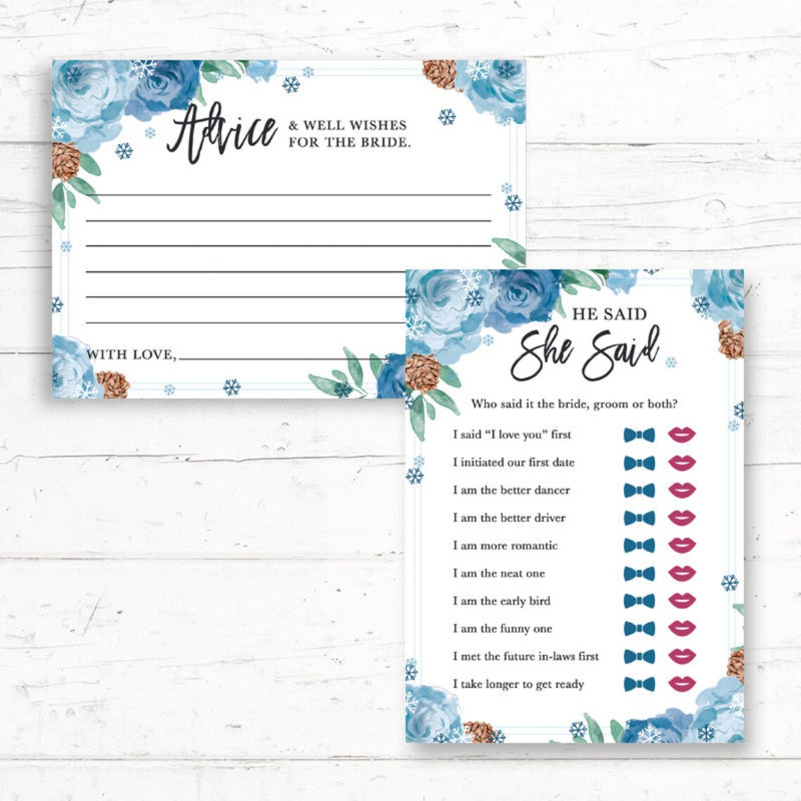 Winter Snow Floral Bridal Shower Printable Games Package 6 | Etsy