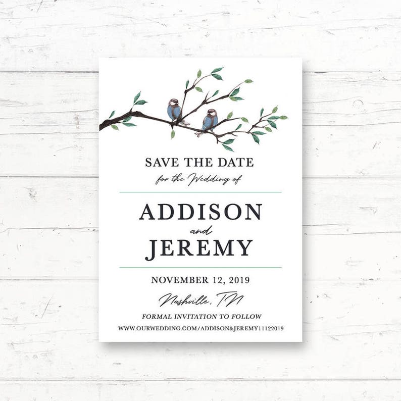 Blue Birds Wedding Announcement Printable Country Birds on a Tree Love Birds Custom Printable Card Save the Date Card