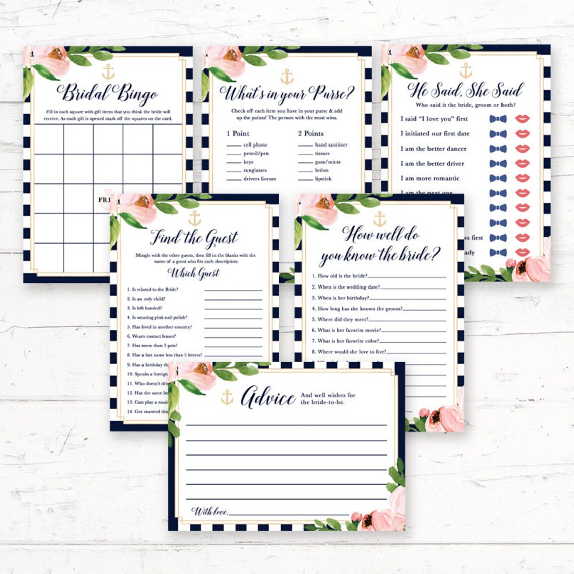 Nautical Floral Bridal Shower Printable Games Package - Etsy