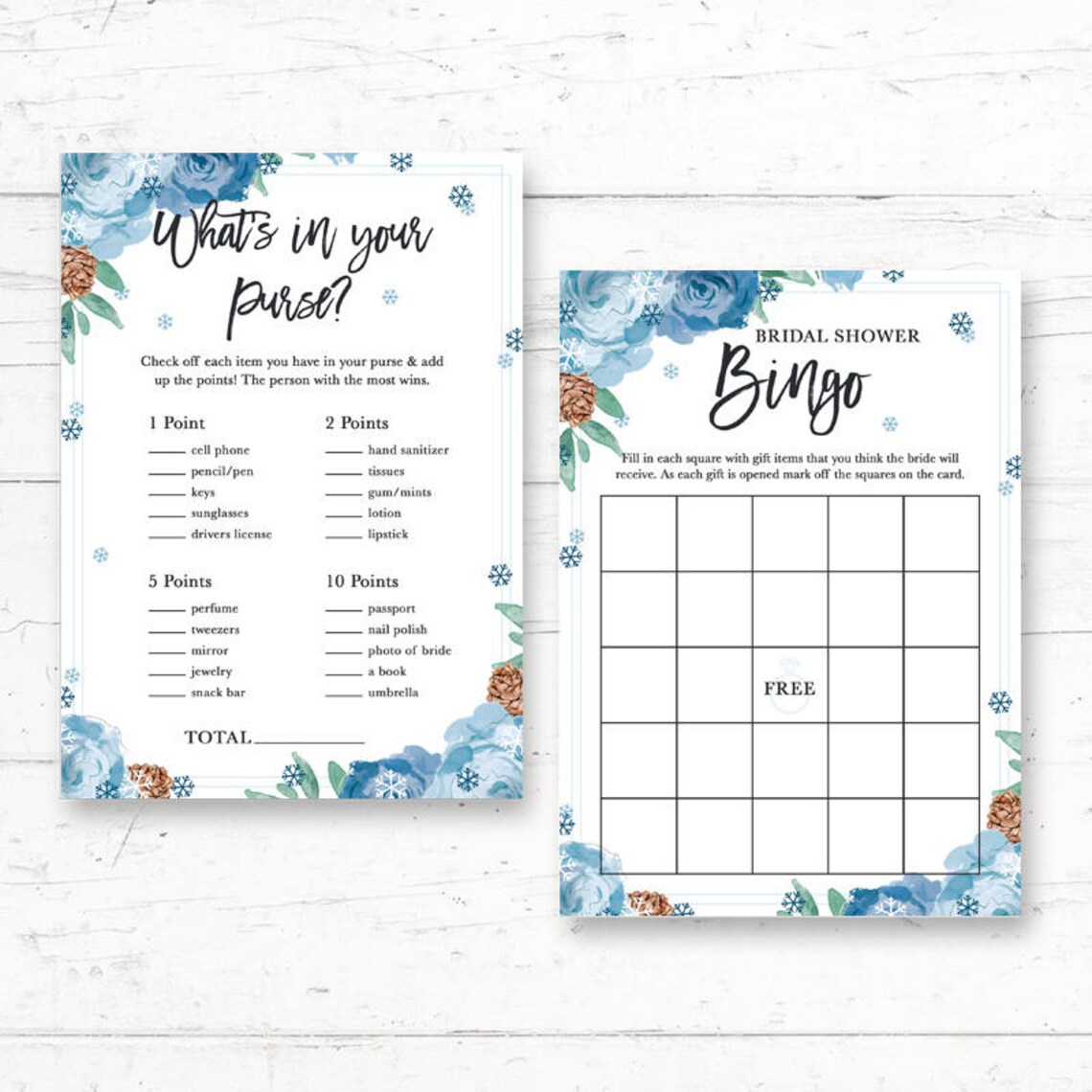 Winter Snow Floral Bridal Shower Printable Games Package 6 | Etsy