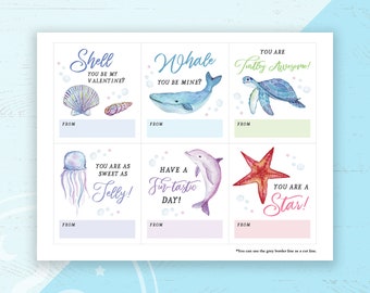 Turtle Printable File Whale Set of Three Designs Personalized Valentine Cards Sea Creatures Octopus