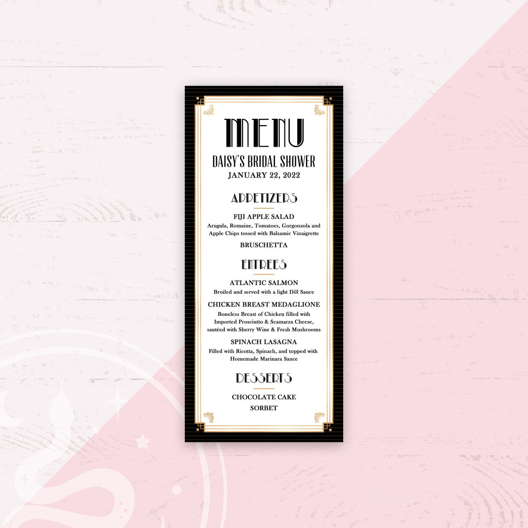 1920s Menu Design 1920s, Art Deco, Printable, Menu Card, Wedding, Bridal Shower, Baby ...