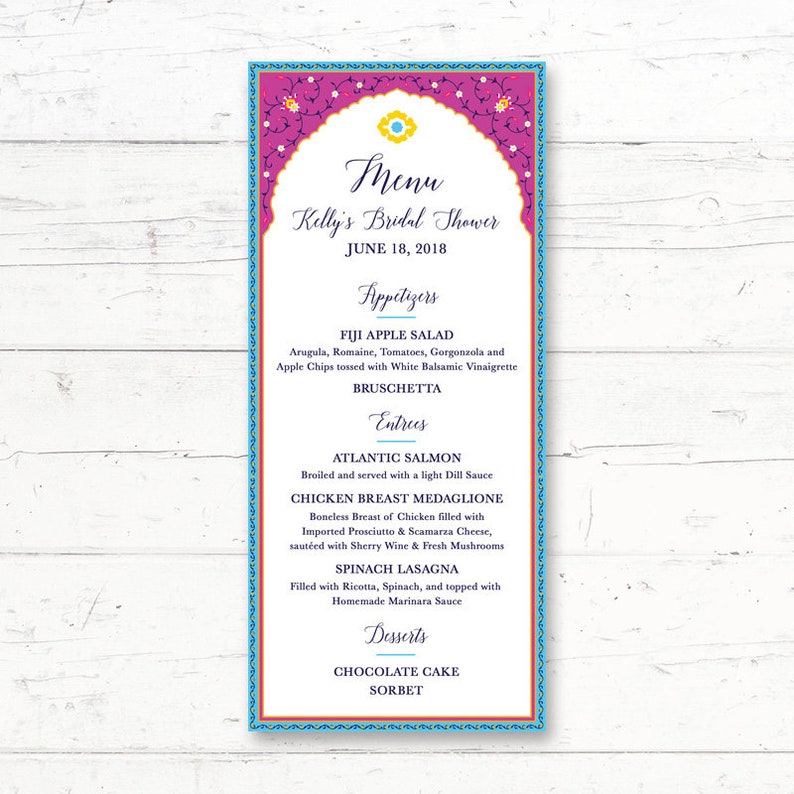Menu Card Baby Shower Indian Bridal Shower Custom Printable Menu Birthday Party Printable Spanish Moroccan Wedding Arabian Dinner