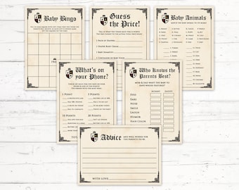 May include: A set of printable baby shower game cards with a medieval theme. The cards include games like Baby Bingo, Guess the Price, What's on Your Phone, Who Knows the Parents Best, and Baby Animals. The cards are decorated with a black and white crest.