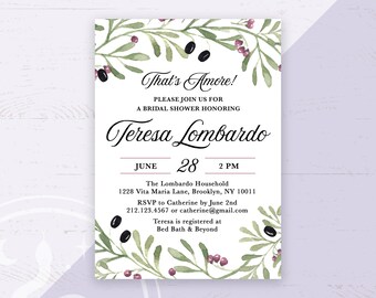 Tuscan, Mediterranean, Italian, Bridal Shower, Baby Shower, Printable Invitation, Italy, Greek, Olives, Tuscany, Custom Printable Invite