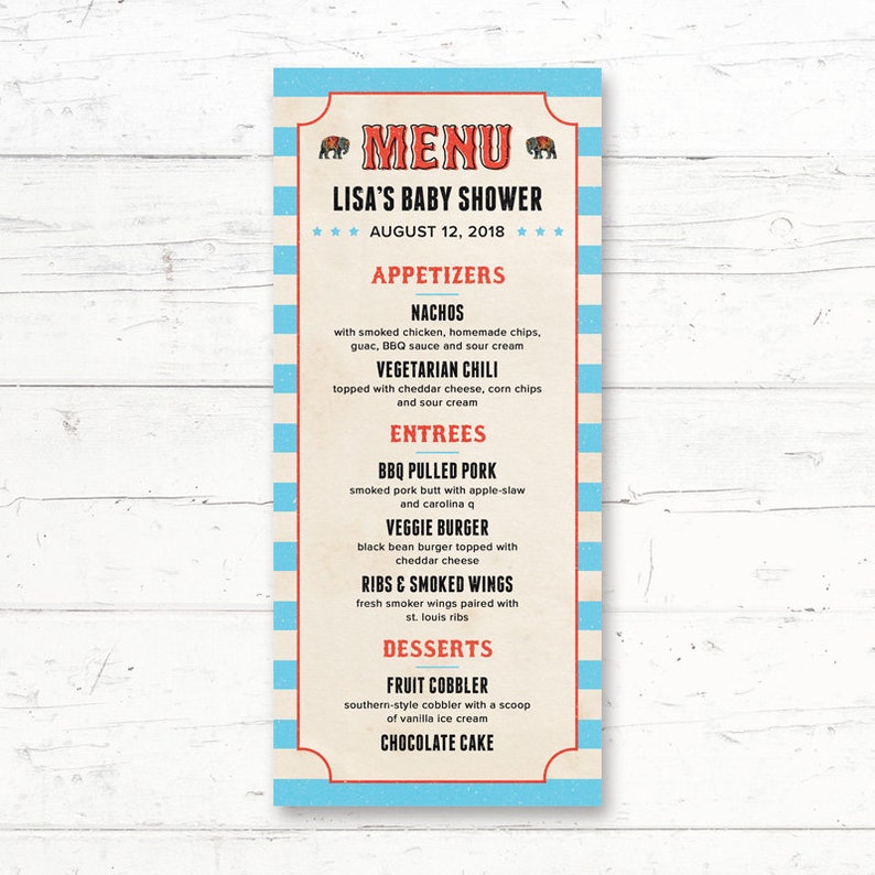 Custom Printable Menu Elephant Baby Shower Printable Menu Card Carnival Circus Birthday Party Bridal Shower Wedding